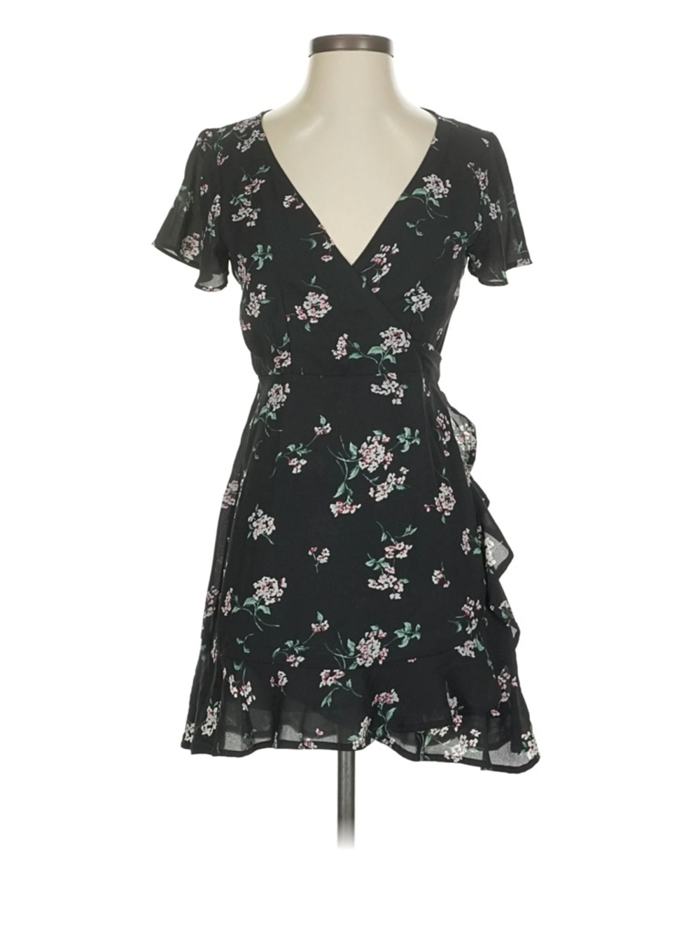 Abercrombie & Fitch Black Floral Wrap Mini Dress with Pink Flowers